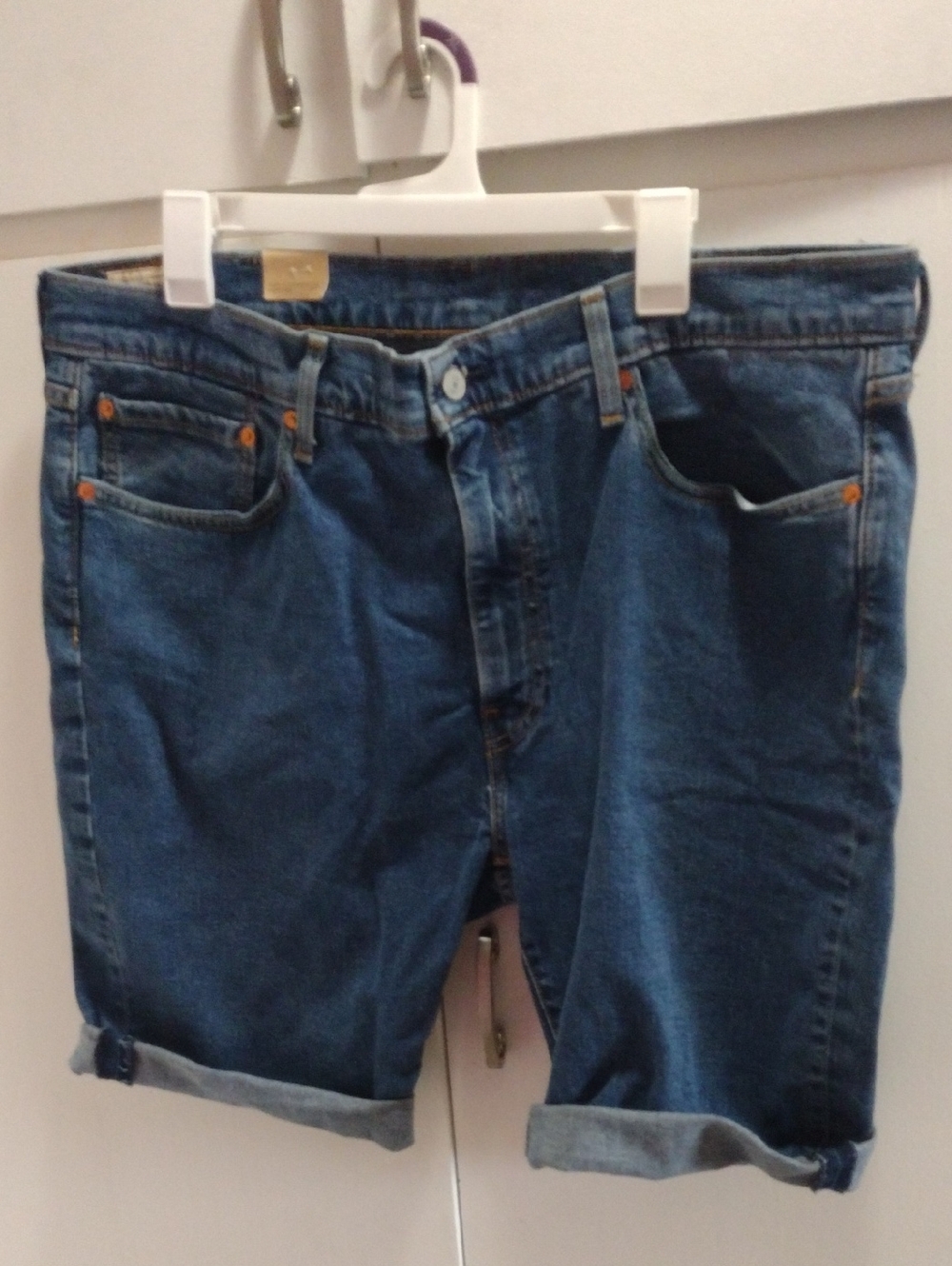 Levi's 514 Blue Denim Jeans Shorts with Tan Leather Patch W 40 NWT